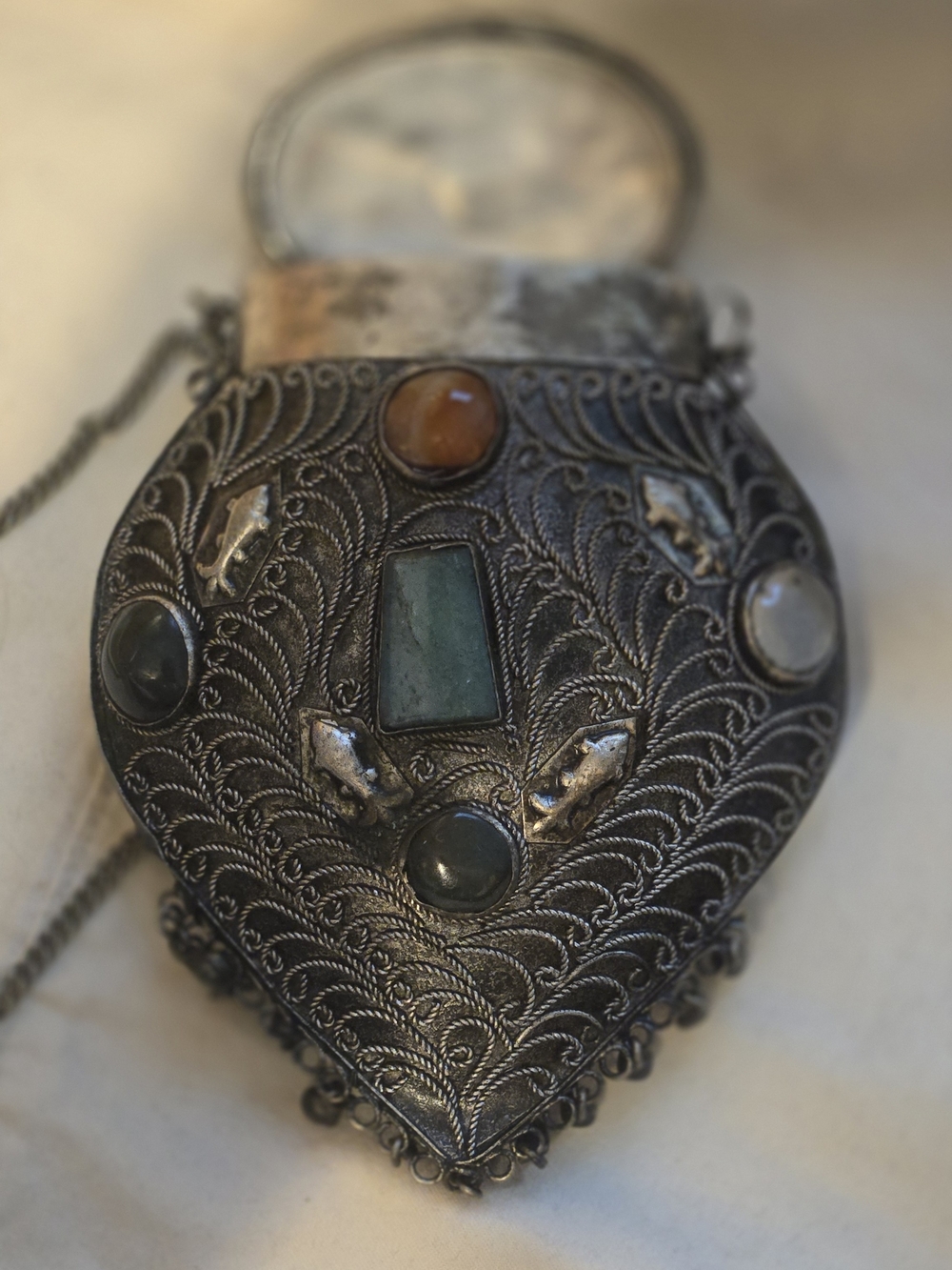 Vintage Silver Tone Sajai Coin Purse Or Prayer Box with Multi-Stone Accents